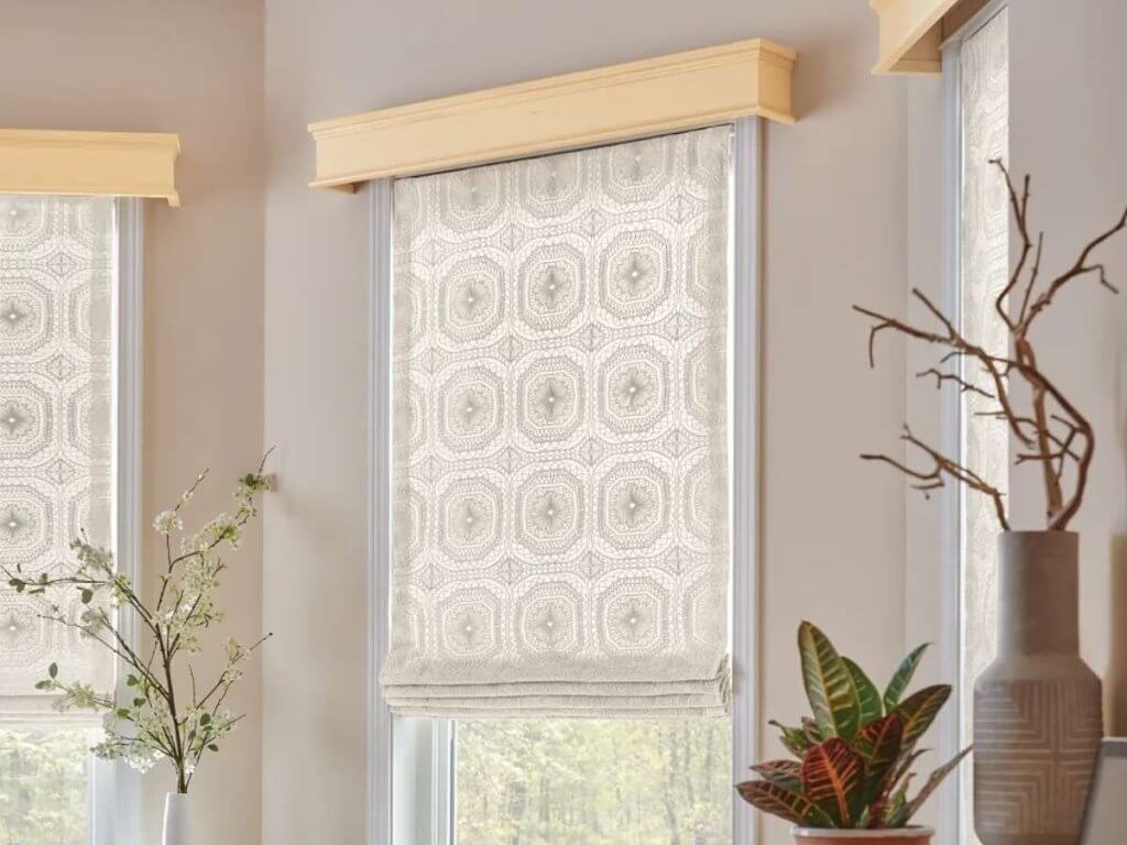 Graber Tactile-Patterned Roman Shades with Noble Cornice