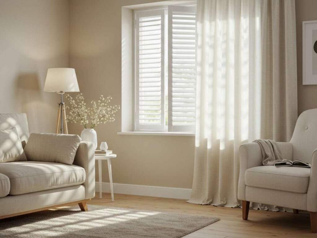 wood shutters in a living room