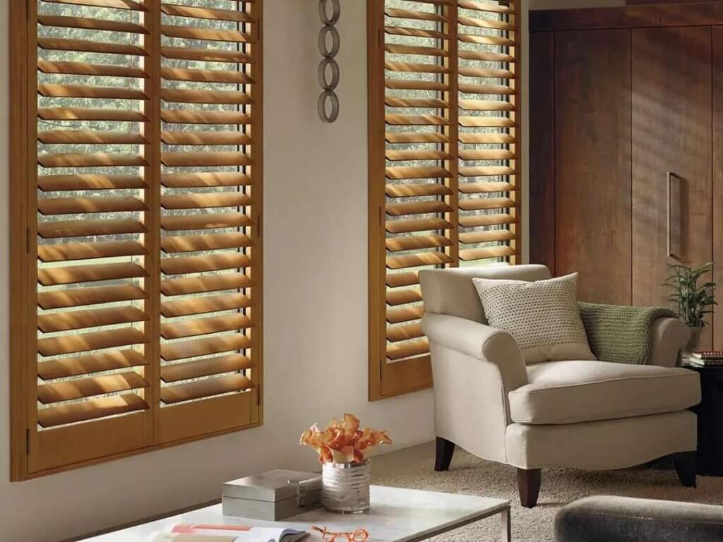 wood shutters in a living room