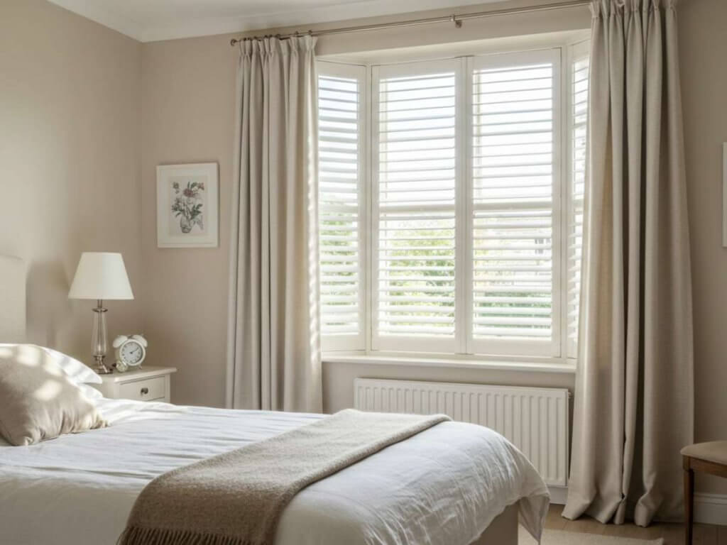 wooden shutters in a bedroom